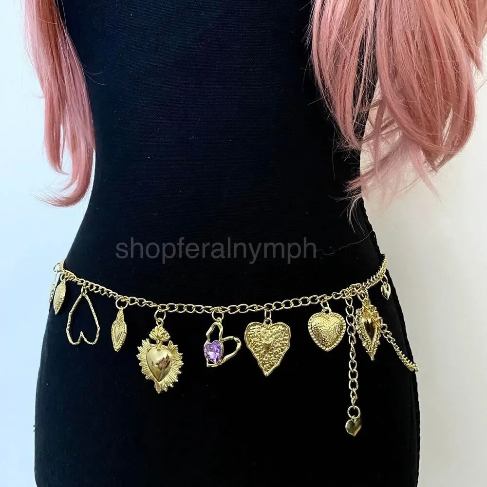 Gold Y2K Sacred Heart Charm Waist Chain Belt, Fits 20 to 44 Inches, X7GA1320